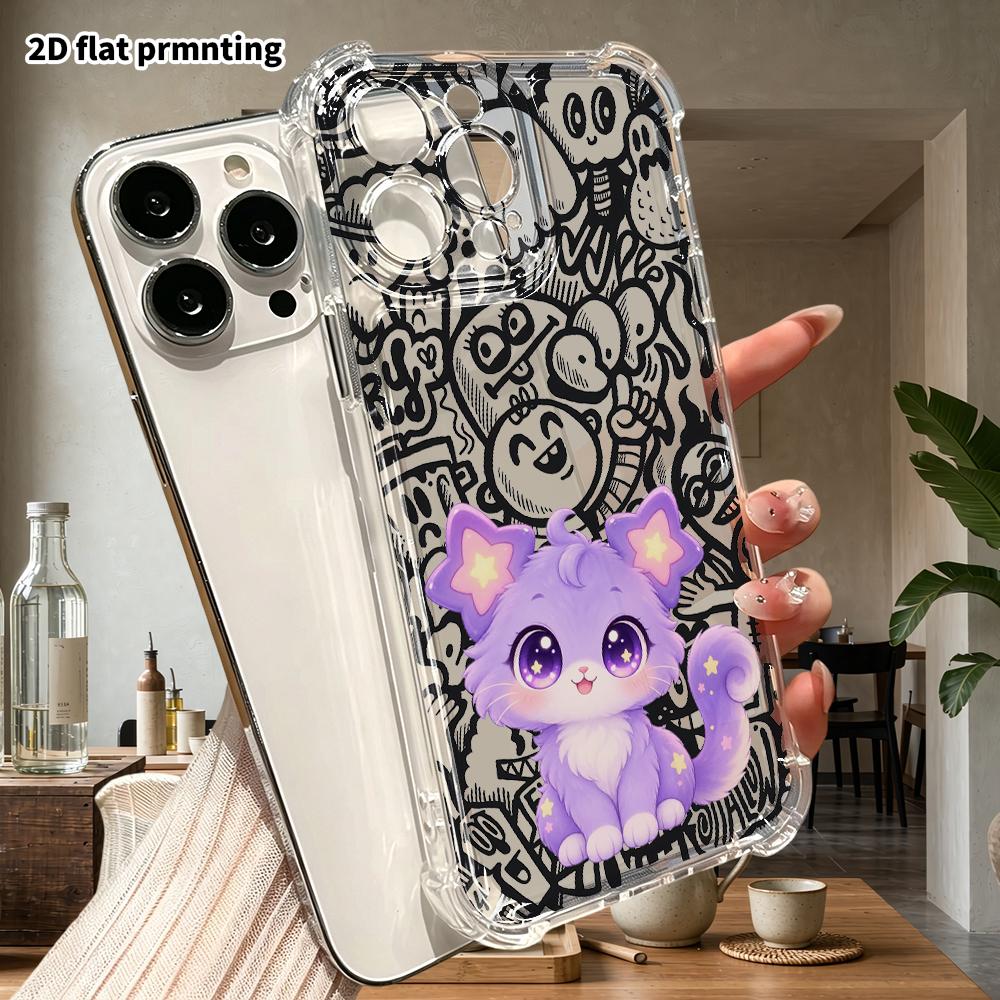 Phone Case: 2D Flat Suitable for iPhone 18 17 16 15 14 13 Pro, Transparent Four Corner Protective Case, Star Eared Kitten, Christmas and Halloween Gif