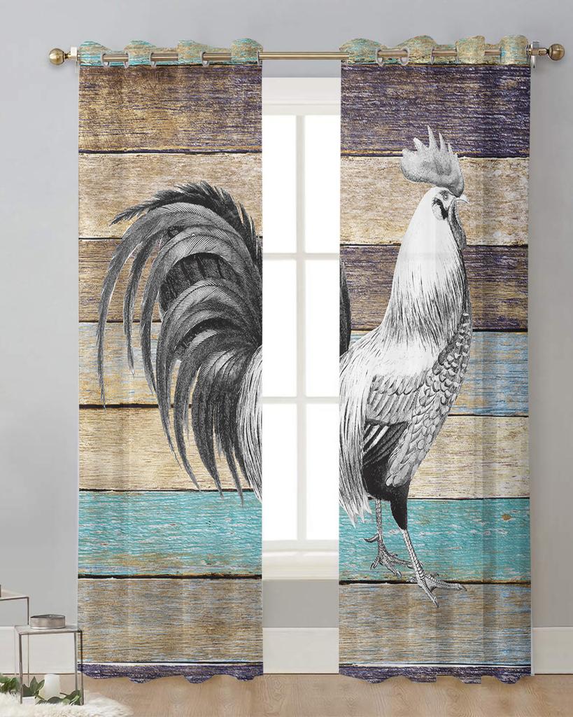Farm Animal Rooster Wood Grain Sheer Curtains for Living Room Decoration Window Curtains Kitchen Tulle Voile Organza Curtains