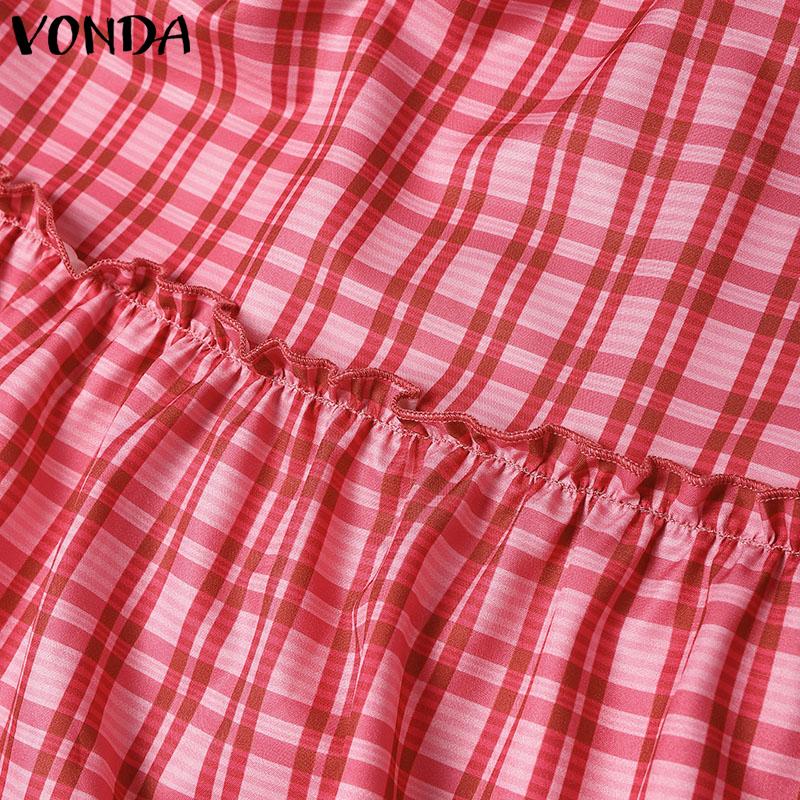 VONDA Women's Sleeveless Sling Plaid Casual Loose Pleated Tank Dress