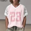 INCERUN Men Lace Short Sleeve Hollow Patchwork Print Loose T-shirts Tee