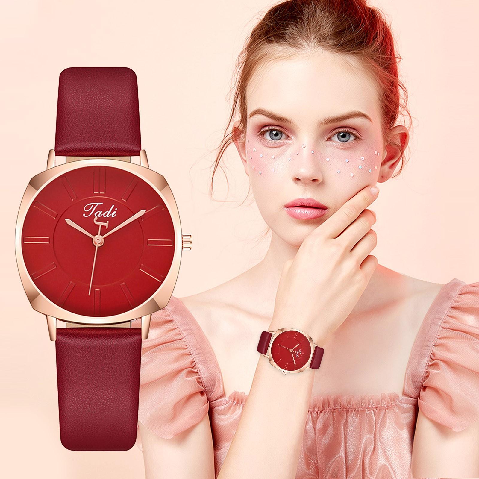 

Женские модные аналоговые кварцевые круглые часы с кожаным ремешком, подарок на память One Size красный