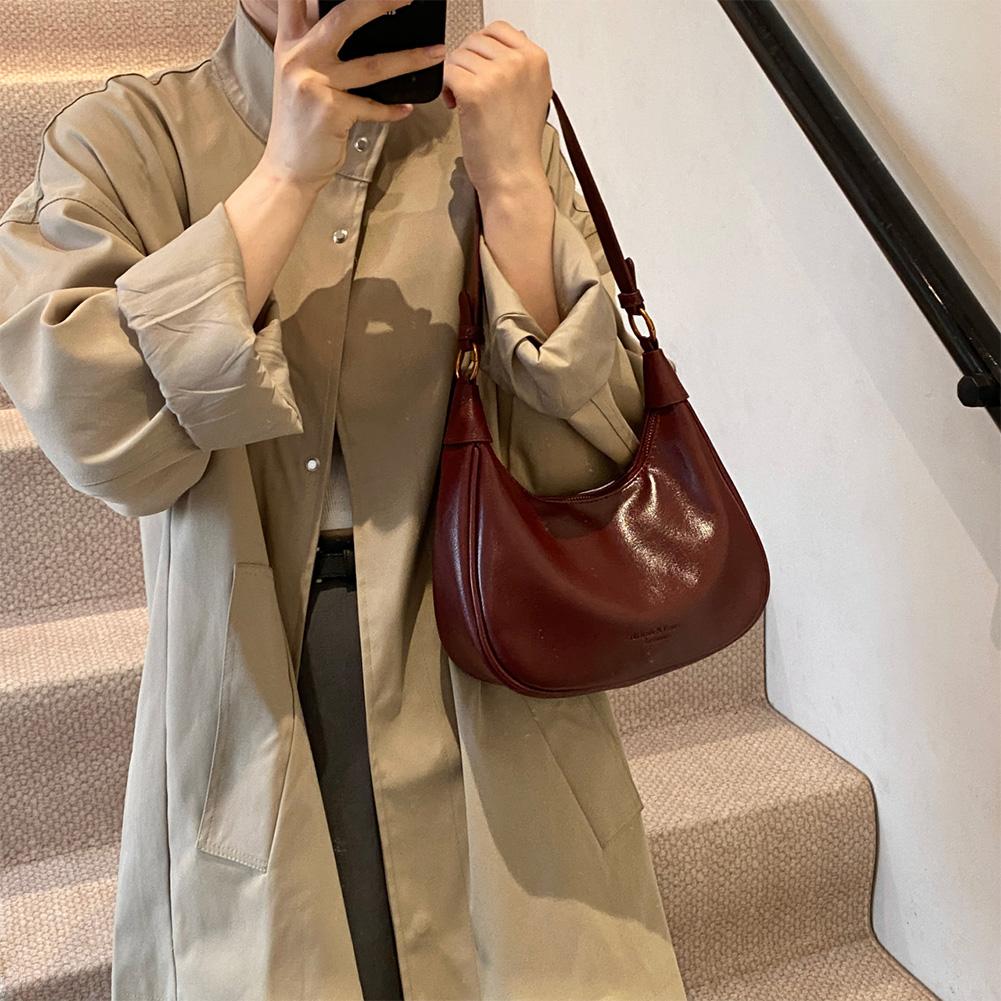 Women Retro Crescent Bag PU Leather with Zipper Hobo Shoulder Bag Solid Handbag Work Casual Underarm Pouch Travel Crossbody Bags