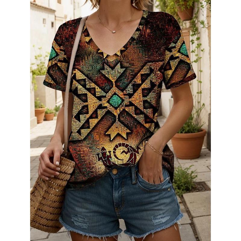 New Colorful Plaid Patchwork 3D Print T-Shirts Women's V-Neck Short Sleeve T Shirt Y2k Harajuku Tees Casual Tops Female Clothing