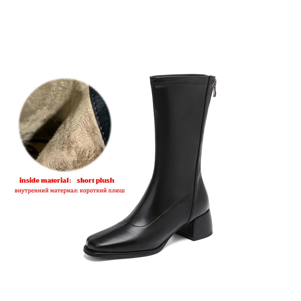 Krazing Pot Microfiber Autumn Winter Shoes Thick Med Heels Size 43 Chelsea Boots Apricot Zipper Mid-calf Boots