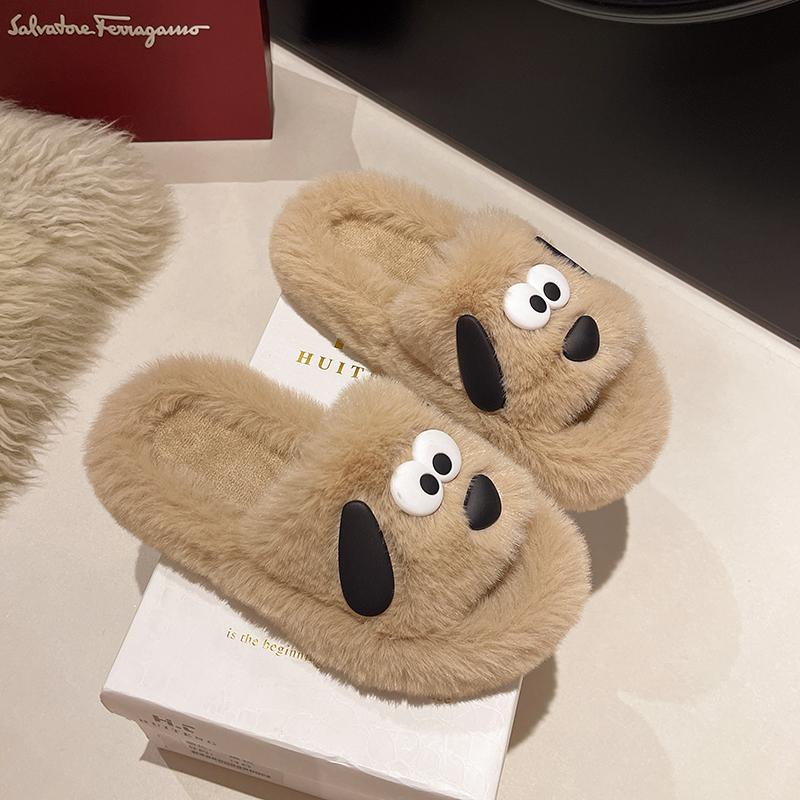 Aphixta 2024 Chaussons Mignons Chien Chaud Hiver Fourrure Femmes Chaussons d'Intérieur Chaussures Oreilles Poilues Chaussures Chambre Talon Plat Poils