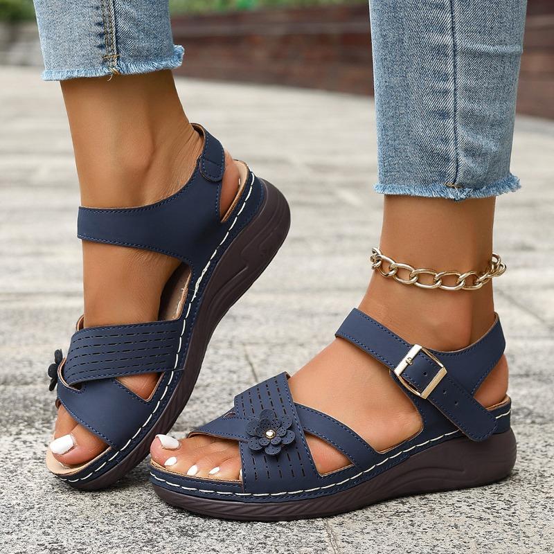 Summer New Women's Wedge Sandals Floral Flat Open-Toe Sandals with Buckle Straps for Outdoor Wear