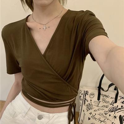 Sommer Sexy Träger V-Ausschnitt Lässiges enges T-Shirt Damen Streetwear Harajuku einfarbig Kurzarm-T-Shirts für Damen Y2k Crop Tops Vintage Kleidung
