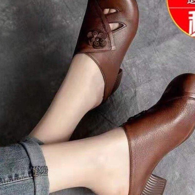 2024 New Fashion Trend Female Fish Mouth Sandals Slippers Thick Heel Flower Middle Heel Square Heel Baotou Ladies Slippers