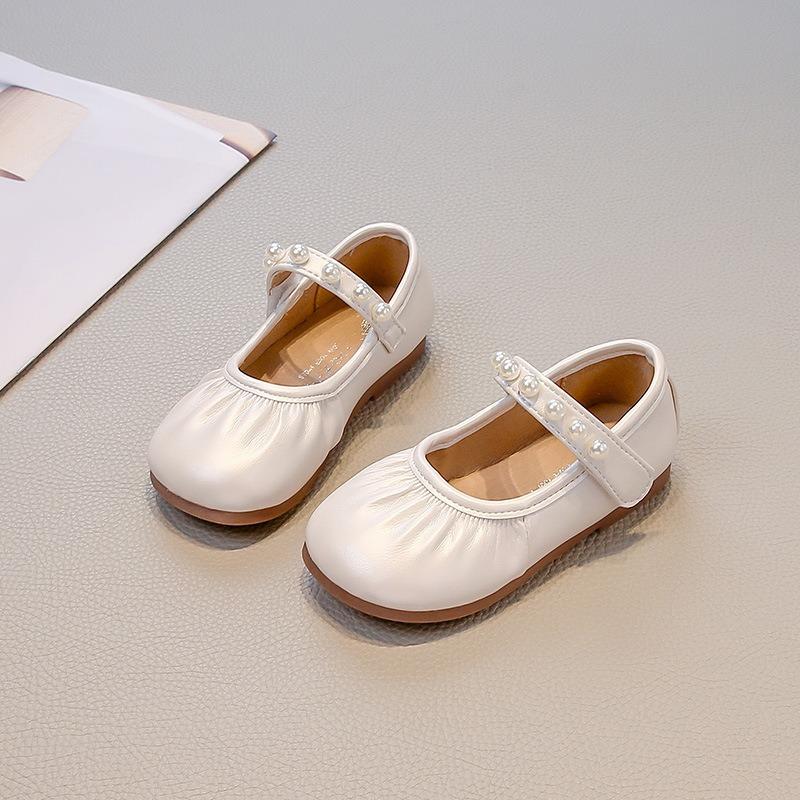 Kids Girls Solid Color Round Toe Pearl Velcro Mary Jane Princess Leather Flats