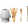 Japanese Matcha Tool Set Bamboo Scoop,Bamboo Spoon,Bamboo Whisk,Ceramic Whisk Holder Fit for Tea Ceremony Use (White)