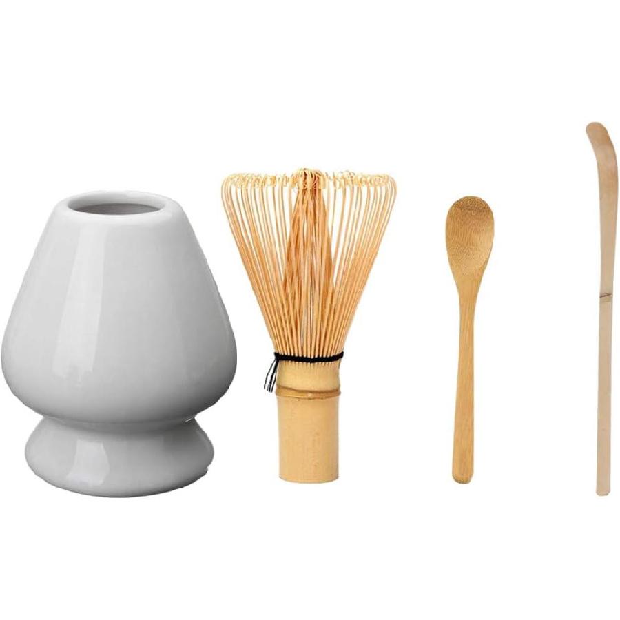 Japanese Matcha Tool Set Bamboo Scoop,Bamboo Spoon,Bamboo Whisk,Ceramic Whisk Holder Fit for Tea Ceremony Use (White)