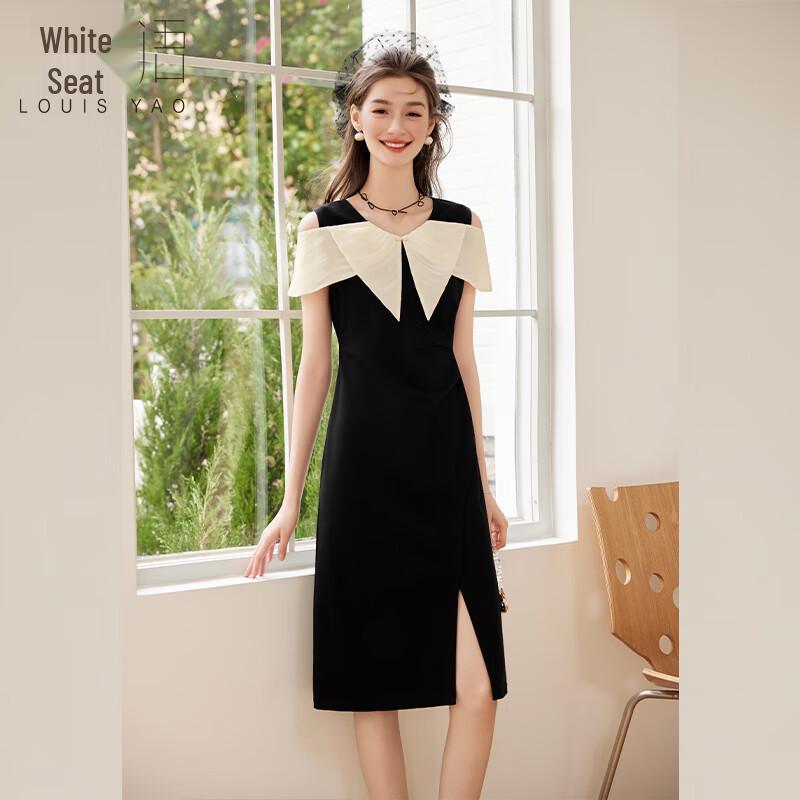 

Elegant Contrast Stitch Slit A-Line Midi Dress L