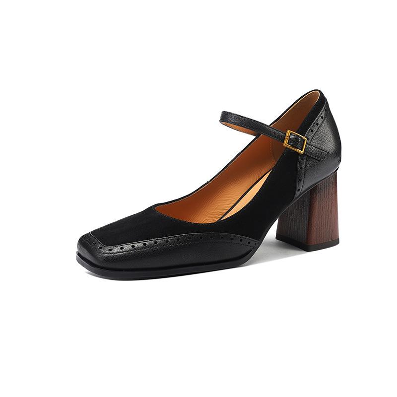 Black Temperament Single Shoes Women's 2025 New French Mary Jane Shoes Square Head Thick Heel High Heels