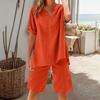 Bomull Lin 2-delt antrekk for kvinner Kort ermet V-hals topp Vidbent shortssett Sommer Casual Løst loungesett