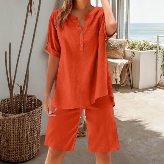 Cotton Linen 2 Piece Outfits for Women Short Sleeve V-Neck Top Wide Leg Shorts Set Summer Casual Loose Lounge Set