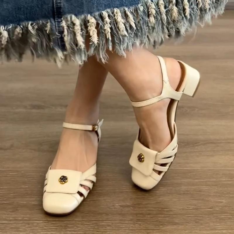 

2025 Women s Summer New Fashion Square Toe Designer Cloth Toe PU Leather Sandals Casual Comfort Slip-On Ladies High Heel Sandals 40 бежевый