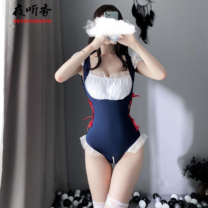 New style lingerie with ruffles, one-piece maid outfit with open crotch, tight-fitting seductive princess maid uniform set