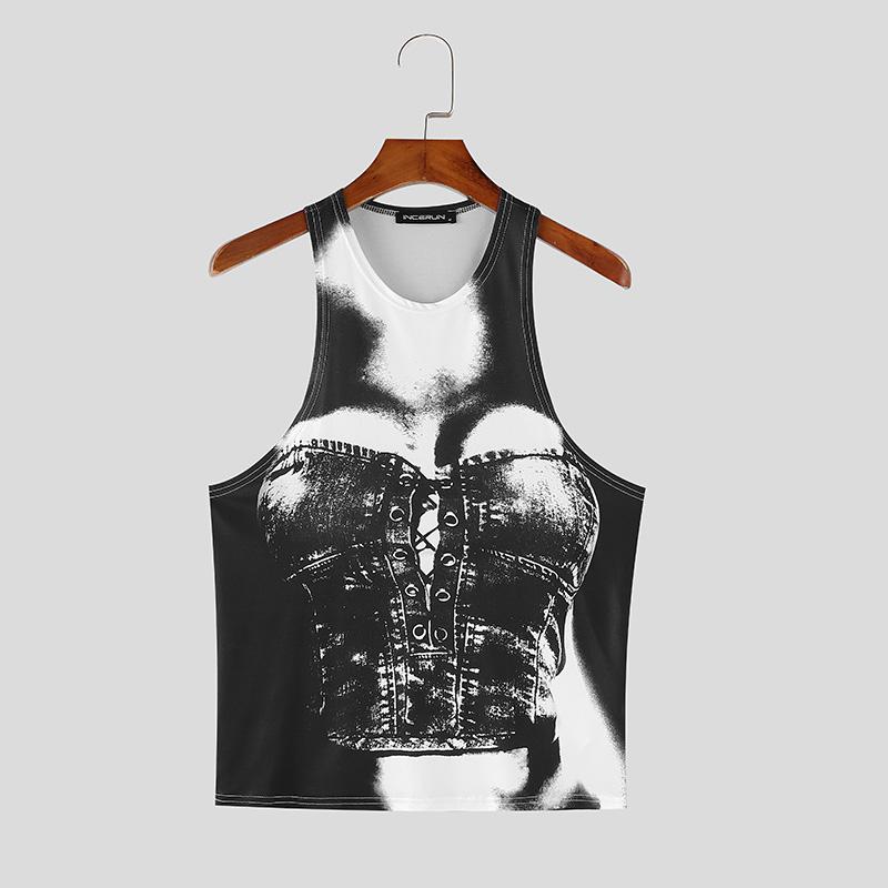 

INCERUN Summer Men Round Neck Sleeveless Print Casual Fitted Tank Tops XL чёрный