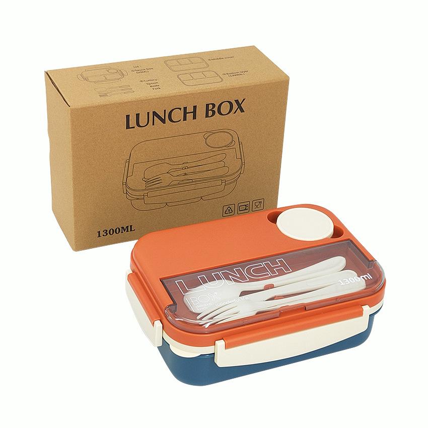 1300ml Plastic Lunch Box 4 Grid Sauce Dish Microwave Safe Bento Box with Spoon Fork Knife Portable Student Office Food Container
