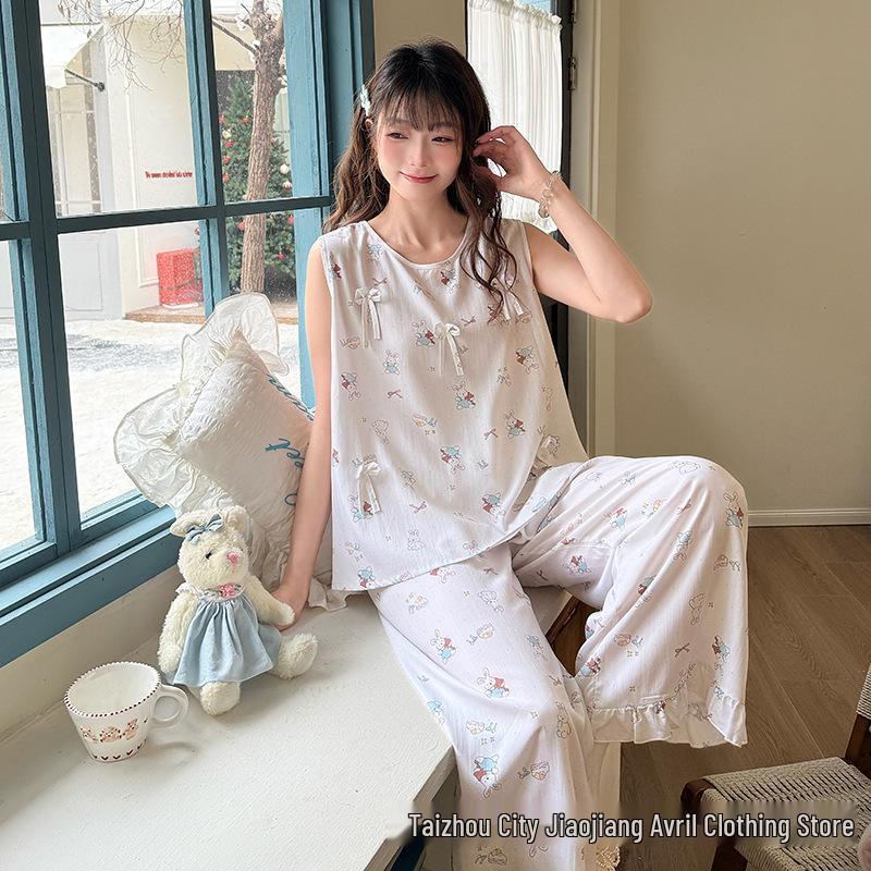 Women s Summer Cotton Silk Cartoon Pajama Set - Sleeveless & Plus Size Shorts Homewear One Size
