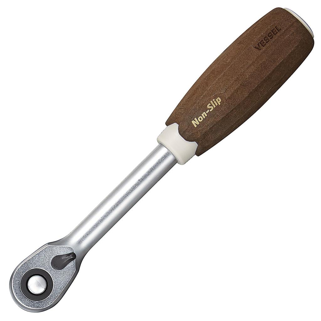 VESSEL Wooden Ratchet Handle with Non-Slip Grip, 3/8" (9.5mm) Drive, HRH3-W
