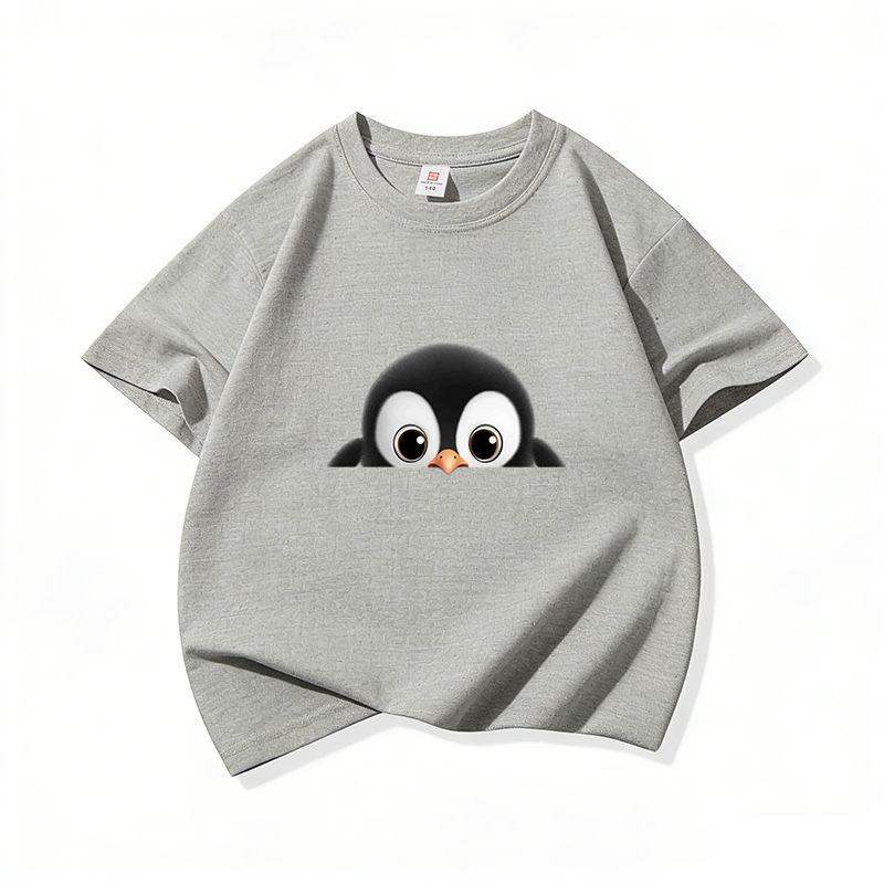 Kids Cotton T Shirt Cute Peeking Penguin Print Crew Neck Short Sleeve Tee Casual Breathable Boys Girls Summer Tops