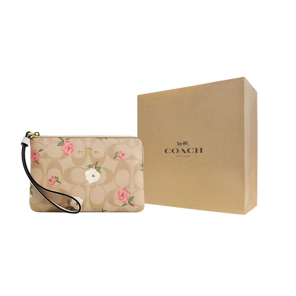 Coach Corner Zip 16 Floral Print Logo Coated Canvas And Leather Clutch Bag Small Women Clutch Bag Gold Light-Khaki Chalk CR973-IMOTV