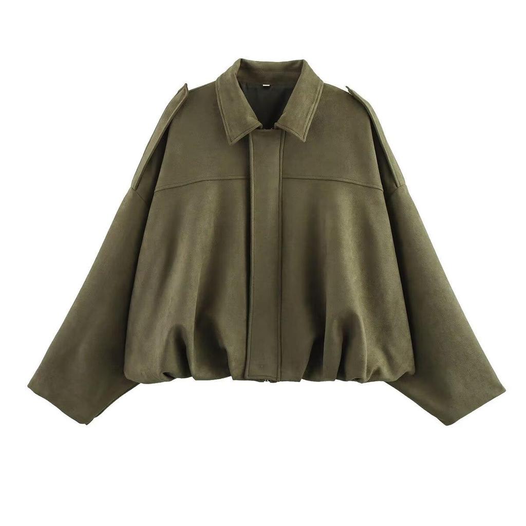 European and American Women's Fashionable Bomber Jacket with Batwing Sleeves and Zipper - Casual 2025 Style.