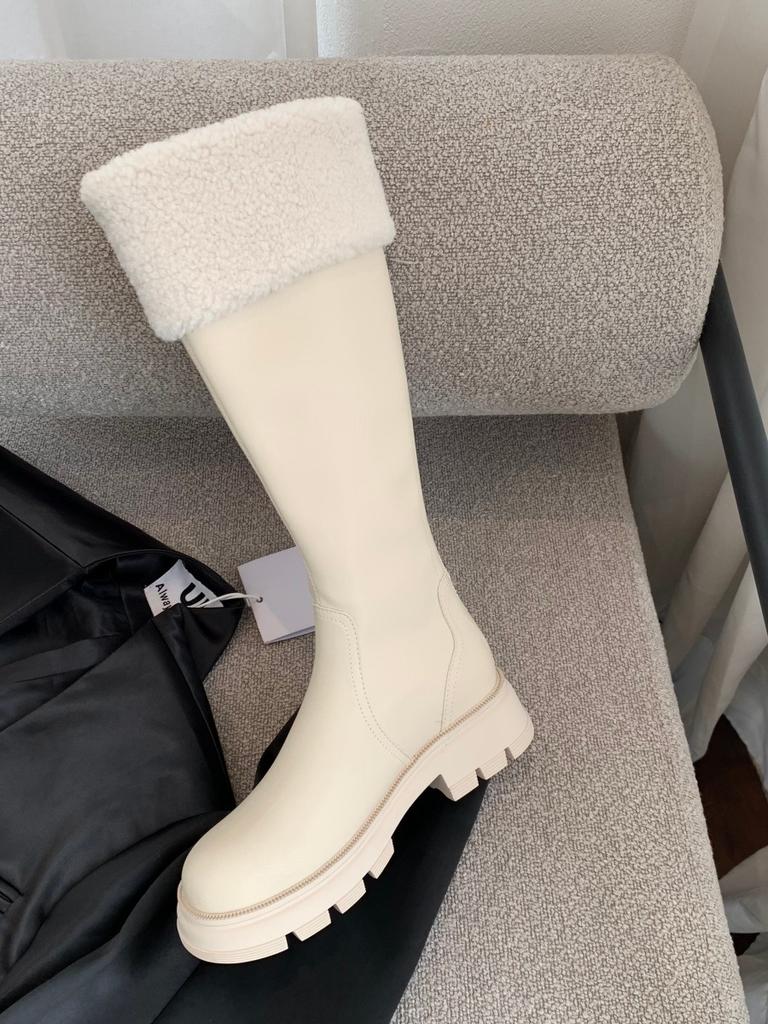 Korean version of thick-soled high boots for women's 2025 autumn and winter new plush flanged cotton boots, small and thin fashion boots