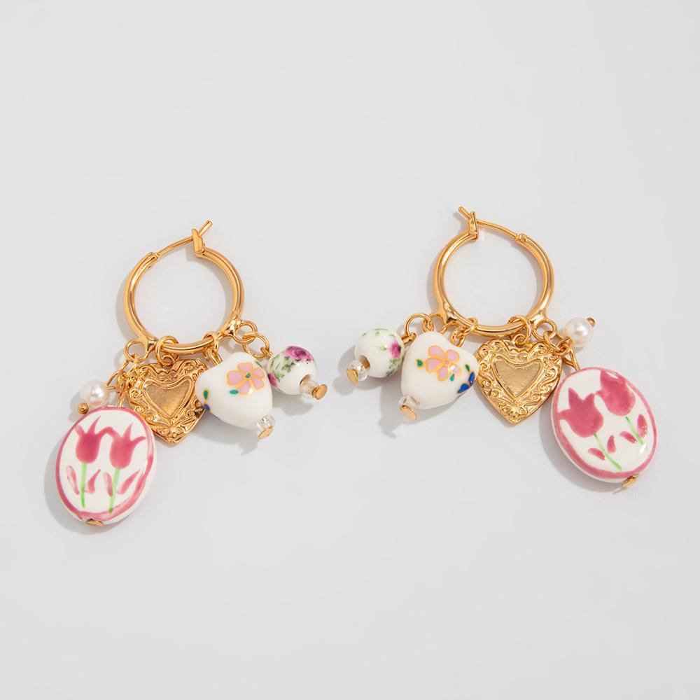 

Fashion Multiple Ceramic Pendant Earrings Pearl Trend Accessories Statement Heart Metal Round Hoop Earrings for Women Zircon