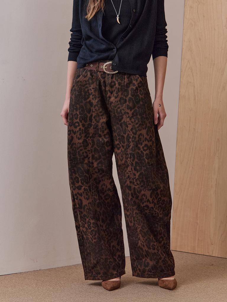 MAXZA Vintage Leopard Curved Wide Cotton Pants