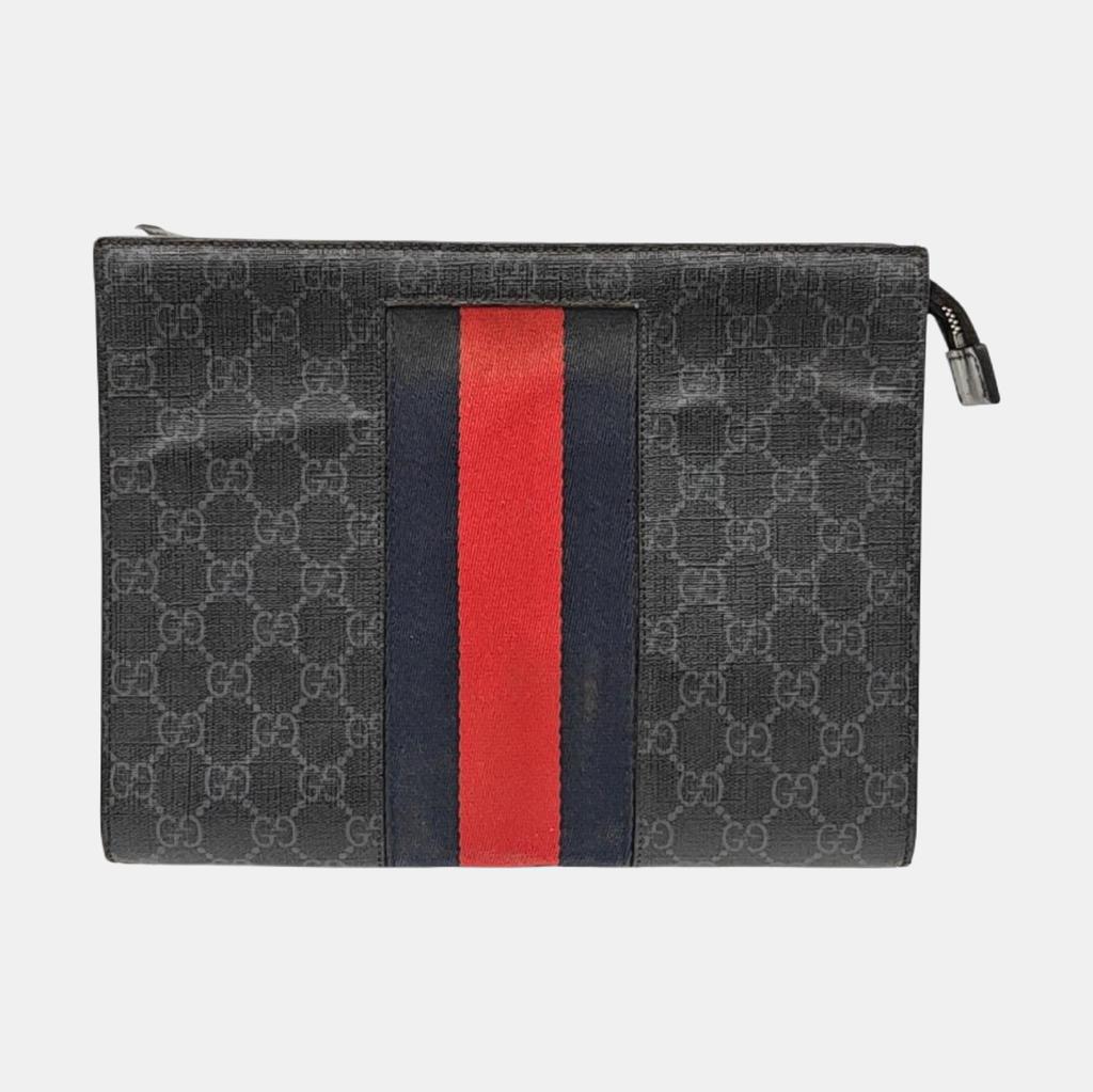 [Pre-Owned] Signature Logo Stripe Web Zipper Canvas Clutch - Fair #1Q4GJFX