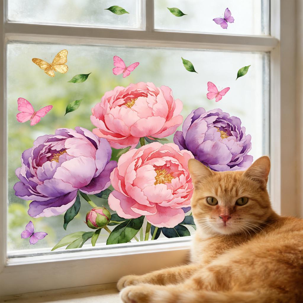 Creative Peony Butterfly Static Cling Window Glass Film Sticker for Bedroom Living Room Balcony Study Home Decor