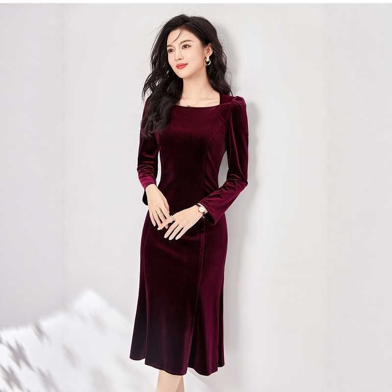 

Fashion retro one-word collar velvet hip-wrapped fishtail skirt autumn high-end temperament elegant knee dress M