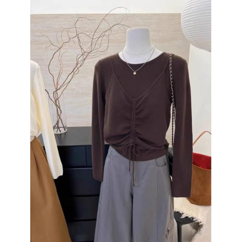 Crew Neck Fake Two-piece Knitted Sweater Women's Autumn New Design Sense Gentle Drawstring Versatile Bottoming Shirt Women