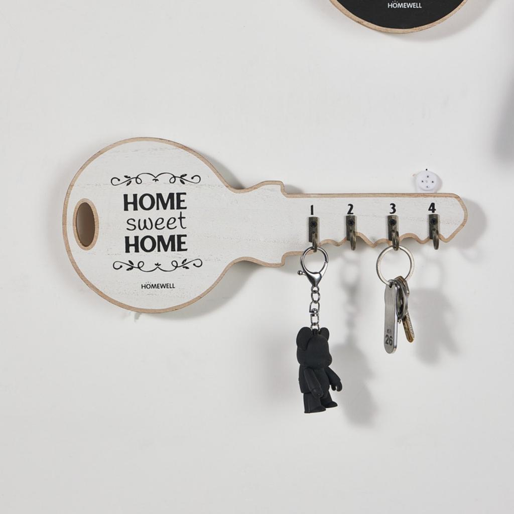 Decorative Key Holder for Wall, Home Sweet Home Design, 4 Hooks, Black