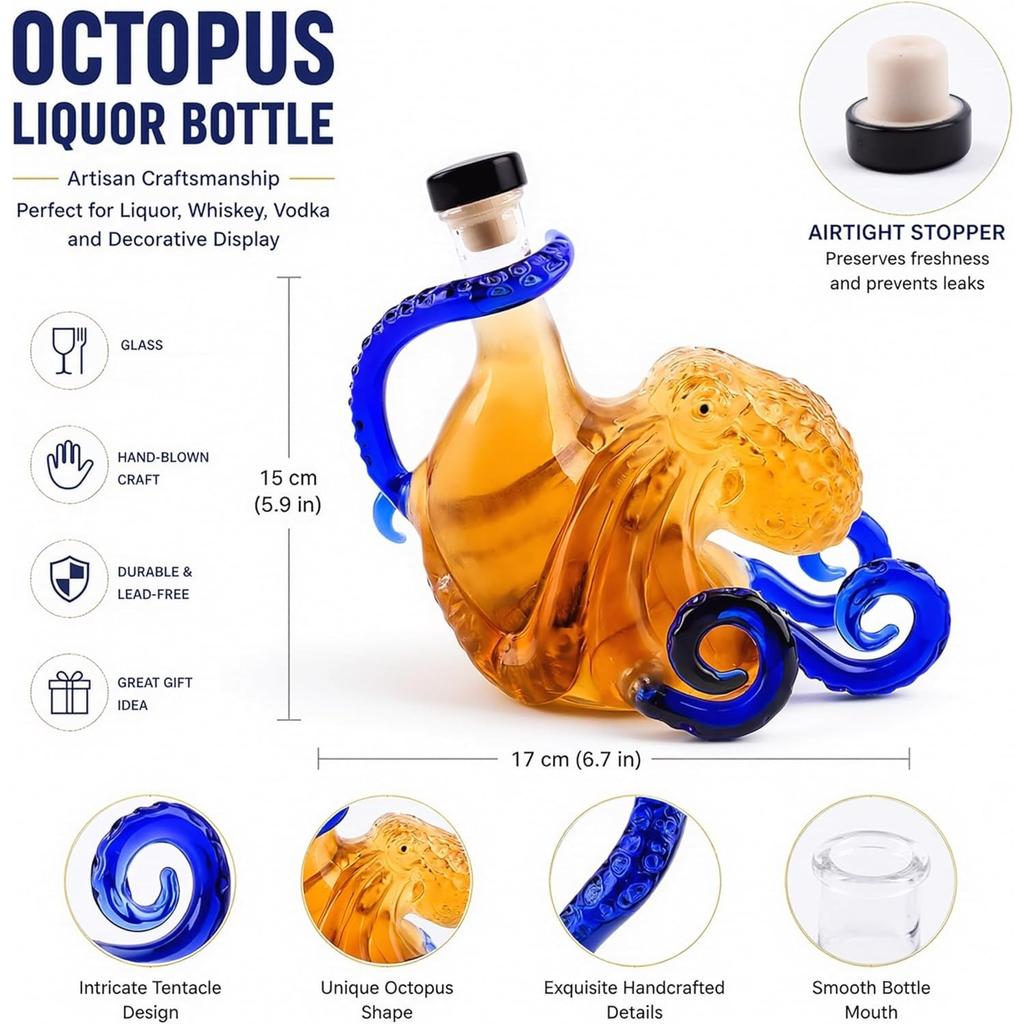 Garrafa de Polvo Kraken Rum, Decantador de Polvo 3D Artesanal, Garrafa de Licor de Vidro Borossilicato 350ml, Decoração Vintage, Escultura para Bar em Casa, Presente Único