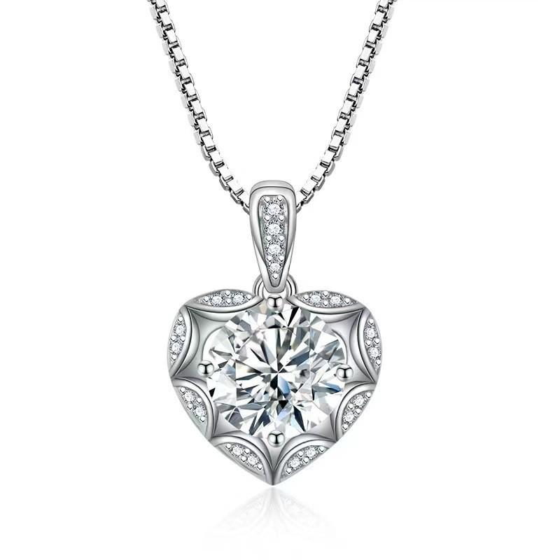 S925 Sterling Silver Heart Moissanite Pendant Necklace, Platinum 1-Carat, Women s Luxury Jewelry 925 Silver