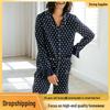 French Black Polka Dot Ice Silk Long Sleeve Pajama Set for Women