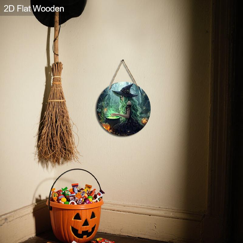 2D Flaches 1-teiliges Halloween-Dekoschild aus Holz, Schönes Hexenmuster-Design, Wandbehang-Dekor, Ideales festliches Halloween-Geschenk