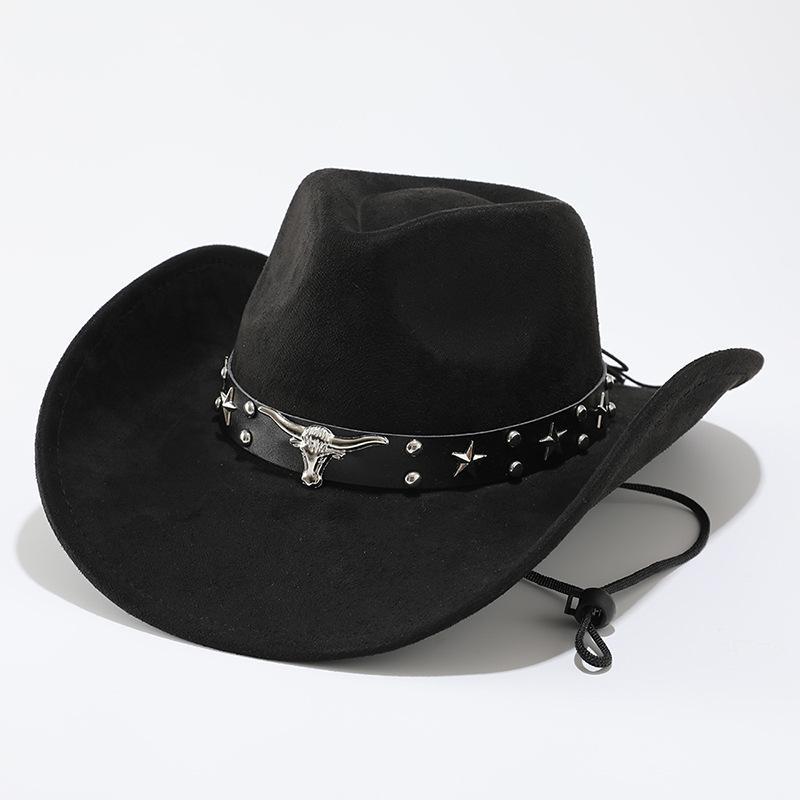 Western denim style big edge hat Tibetan top hat bull head accessories autumn and winter jazz hat, new suede hat