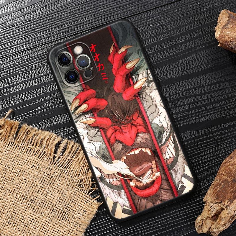 Japan Oni Samurai Yokai Mask Dragon Art Black Cover For Apple iPhone 15 13 14 12 11 Pro Max Mini XS 6 7 8 Plus Cases Soft Fundas