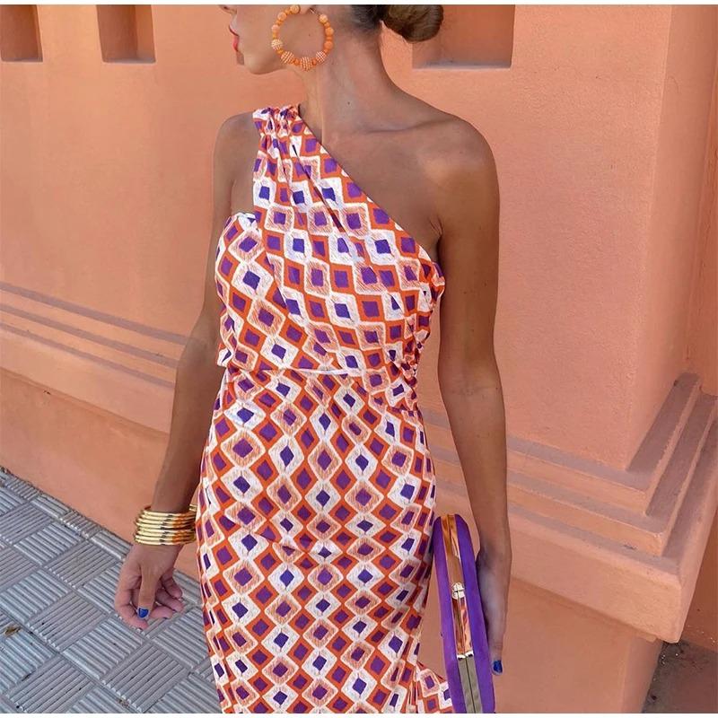 Summer Sexy Print One Shoulder Dress Women Elegant Retro Backless High Street Dresses Female Fashion Chic Slim Sleeveless Party Clothes