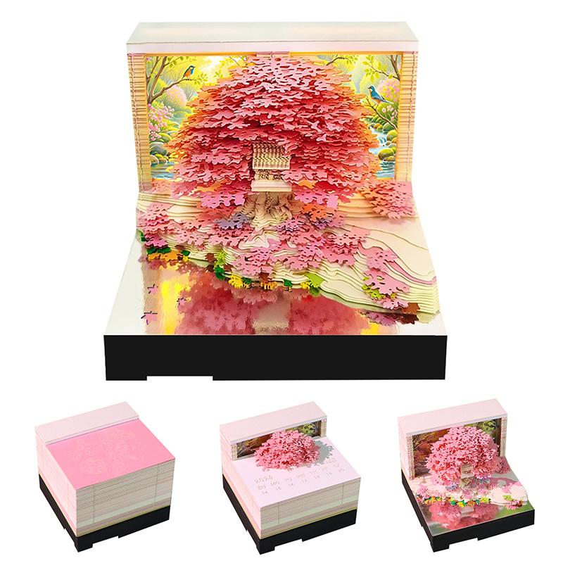 Music Time Piece Calendar 2026 Desk Calendar With Led Light 3D Tear-Away Calendar Paper Carving Art Memo Pad Notepad Christmas