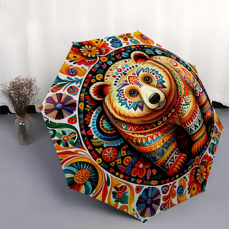 1pc Colorful Floral Bear Design Automatic Folding Umbrella - Portable 3-Fold Design, 8-Rib Iron Frame Outdoor Umbrella, Perfect Gift for Fans, Travele