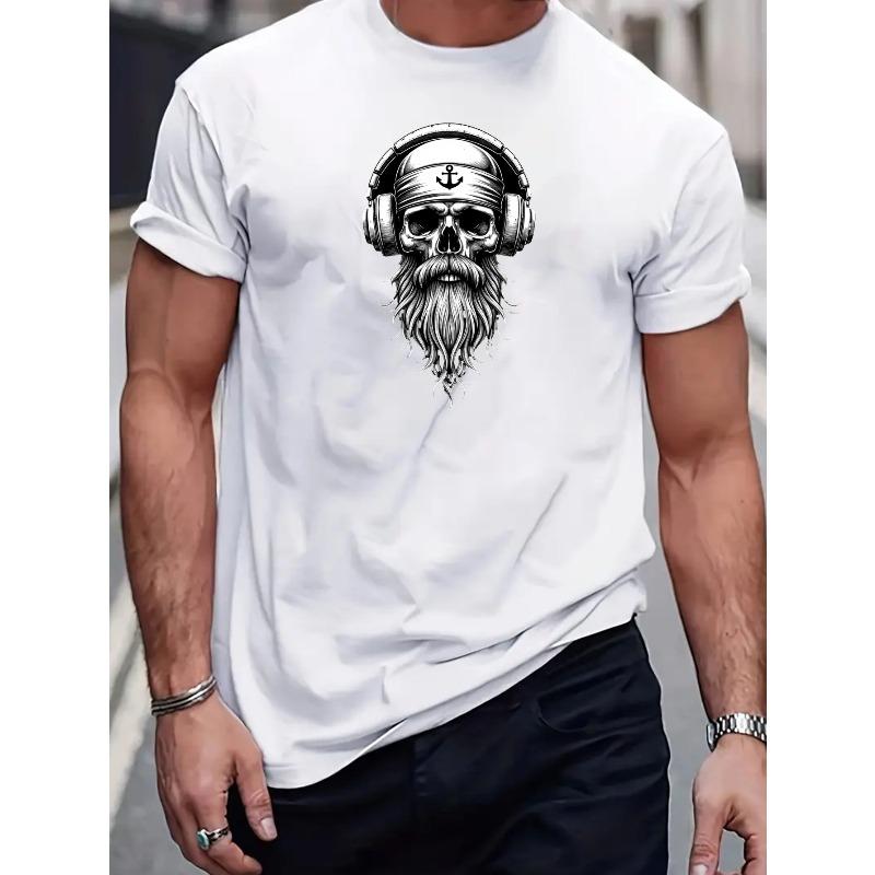 European Sizes Men'S Navy Blue Graphic T-Shirt - Skull with Headphones Design, Soft Stretch Knit Fabric, Regular Fit Casual Everyday & Formal Wear Tee