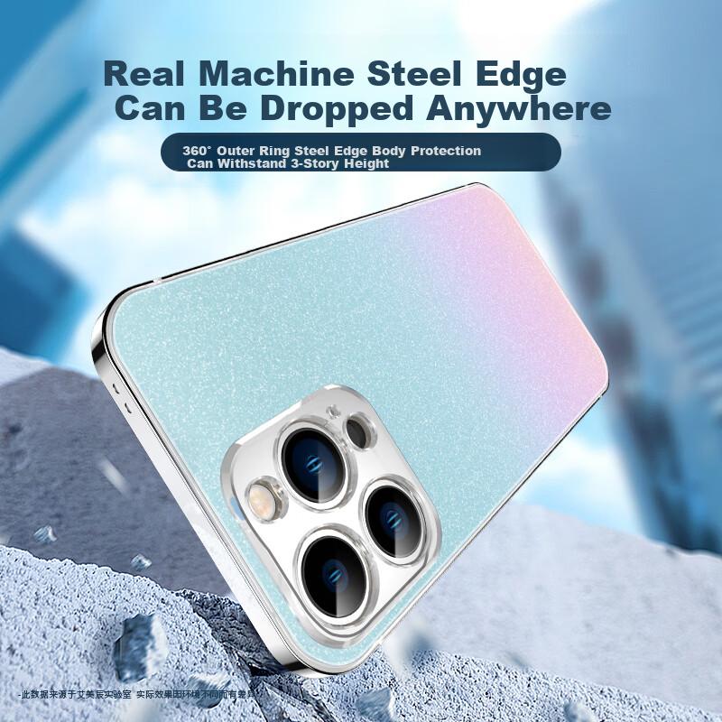 Jingsha Gradient | Stainless Steel FrameIPhone 14 Pro Case, Apple 14 Pro Protective Cover, Ultra-Thin Frosted Shockproof - Sky Blue