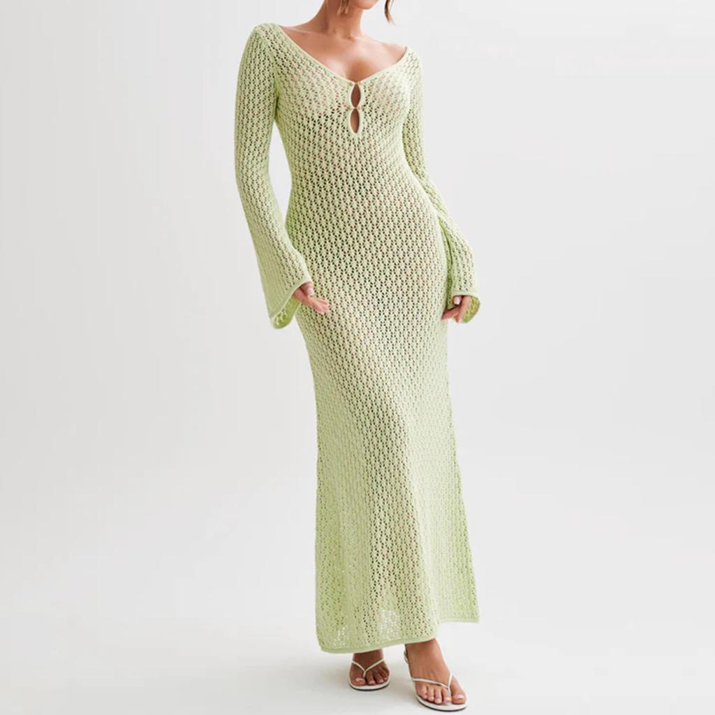 Sexy Women Long Knit Beach Dress Hollow-Out Deep V-Neck Long Sleeve Bikini Cover-Ups Dress Fall Backless Holiday Dress