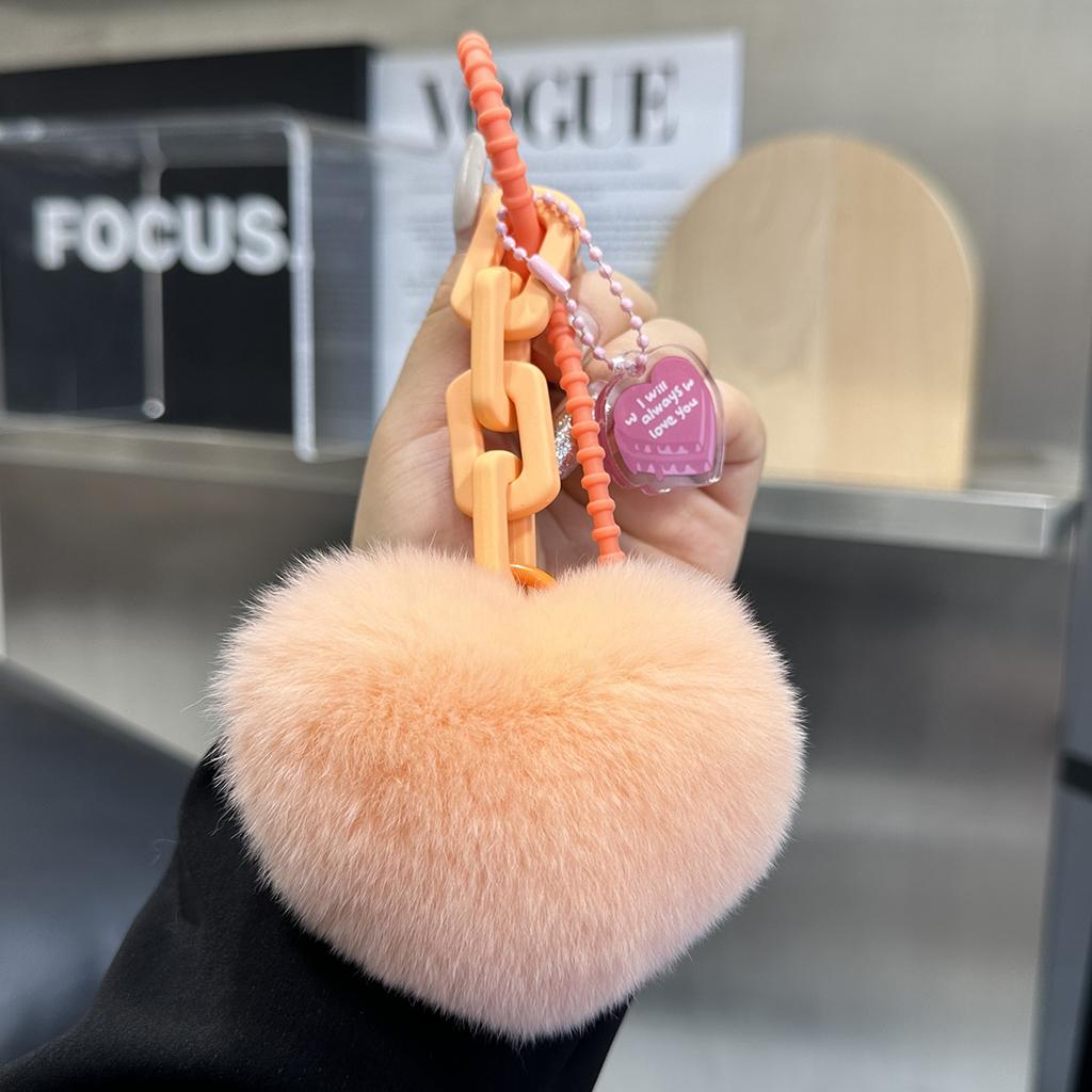 Fluffy Pompom Plush Peach Heart Keychain Cute Soft Heart Shape Key Chain Pendant Jewelry Keyring For Women Girls Bag Car Trinket