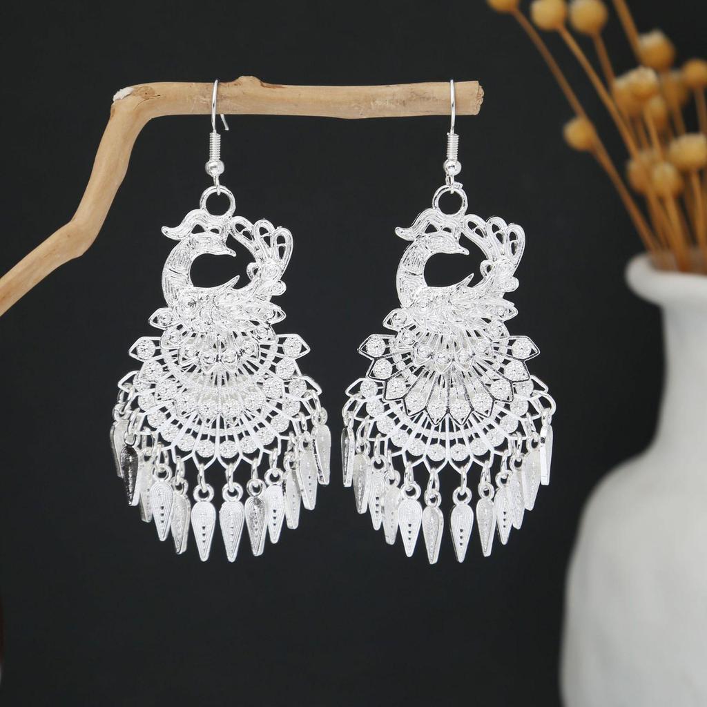 Miao Silver Tassel Earrings: Ethnic Style, Fashionable Exaggeration, Light Luxury Design